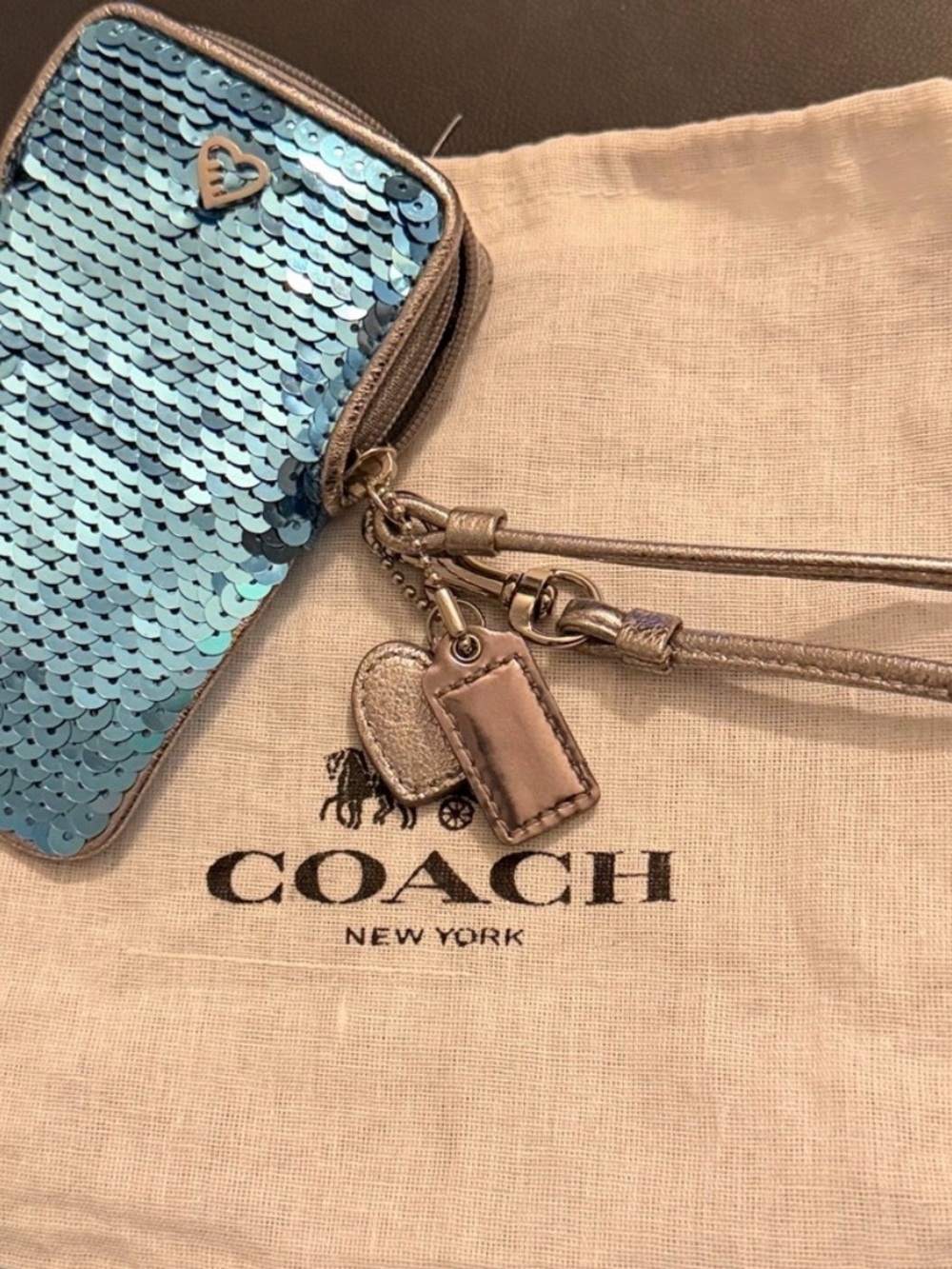 Coach Poppy Teal Sequin Phone Wristlet with COA - Picture 11 of 14